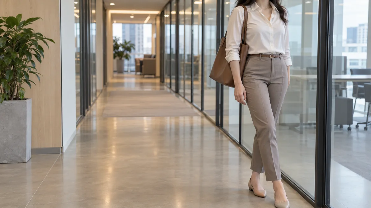 A petite young woman in a fitted button-down and taupe ankle trousers walking through a modern glass-walled office corridor with a structured tote on her shoulder