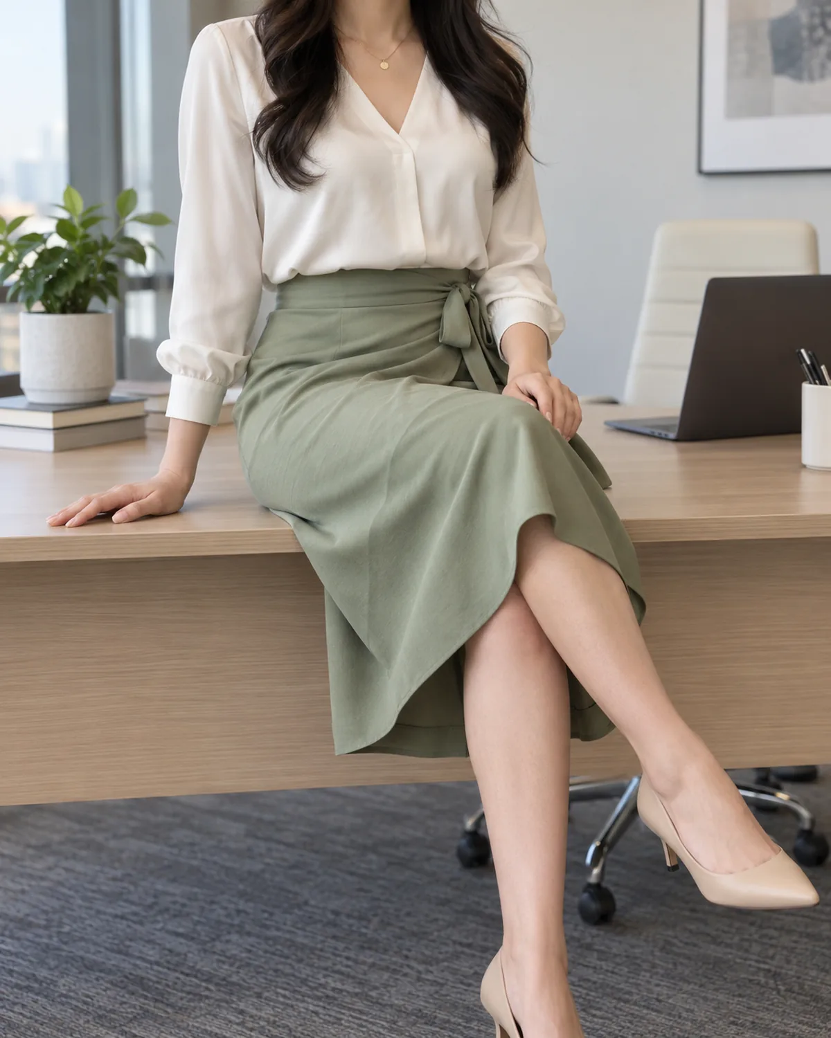 A petite woman seated at a light-wood office desk edge with legs crossed wearing a sage-green midi wrap skirt tied at her waist and a cream V-neck silk blouse tucked in with nude low-heel pumps