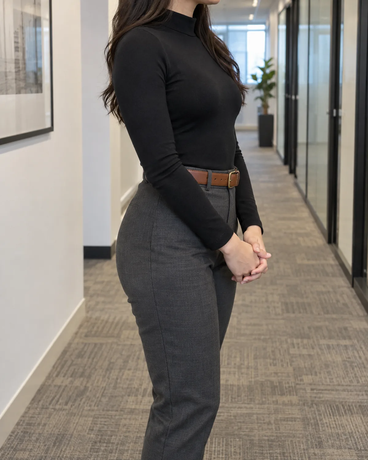 Side view of a petite woman from chin to knee in an office corridor wearing a fitted black mock-neck long-sleeve bodysuit tucked into charcoal slim trousers with a cognac leather belt