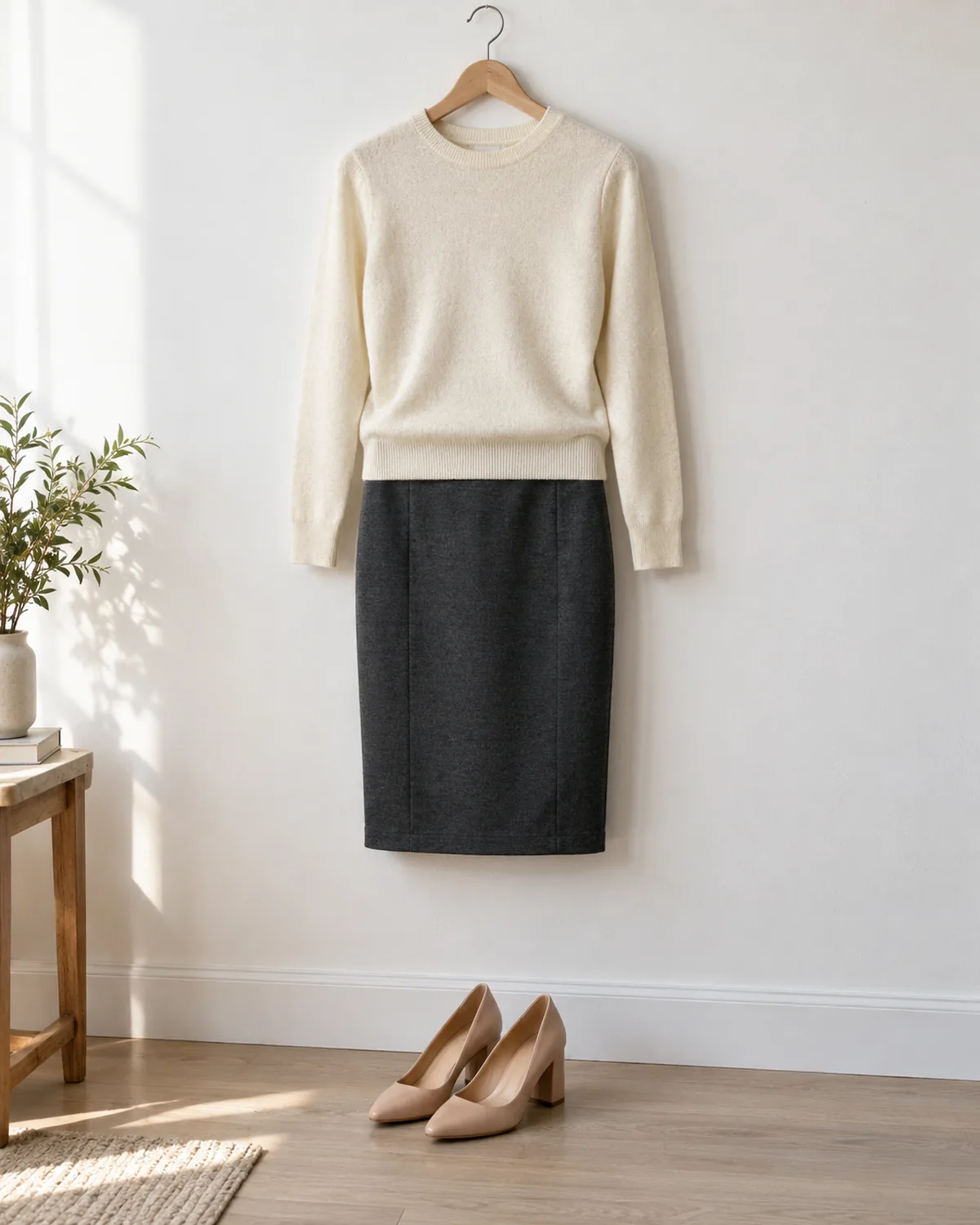 A cream crewneck lambswool sweater and charcoal pencil skirt hanging together on a wooden hanger against a white wall with nude block-heel pumps on the floor below
