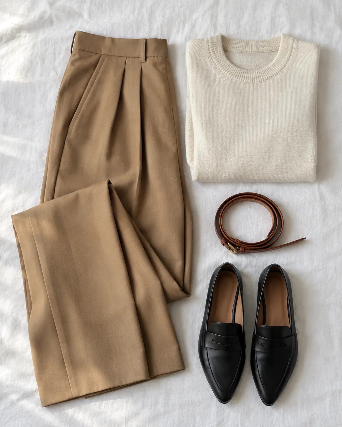 Overhead flat-lay on white linen of camel pleated wide-leg trousers, a folded cream crew-neck merino knit, a thin brown leather belt, and black pointed-toe loafers