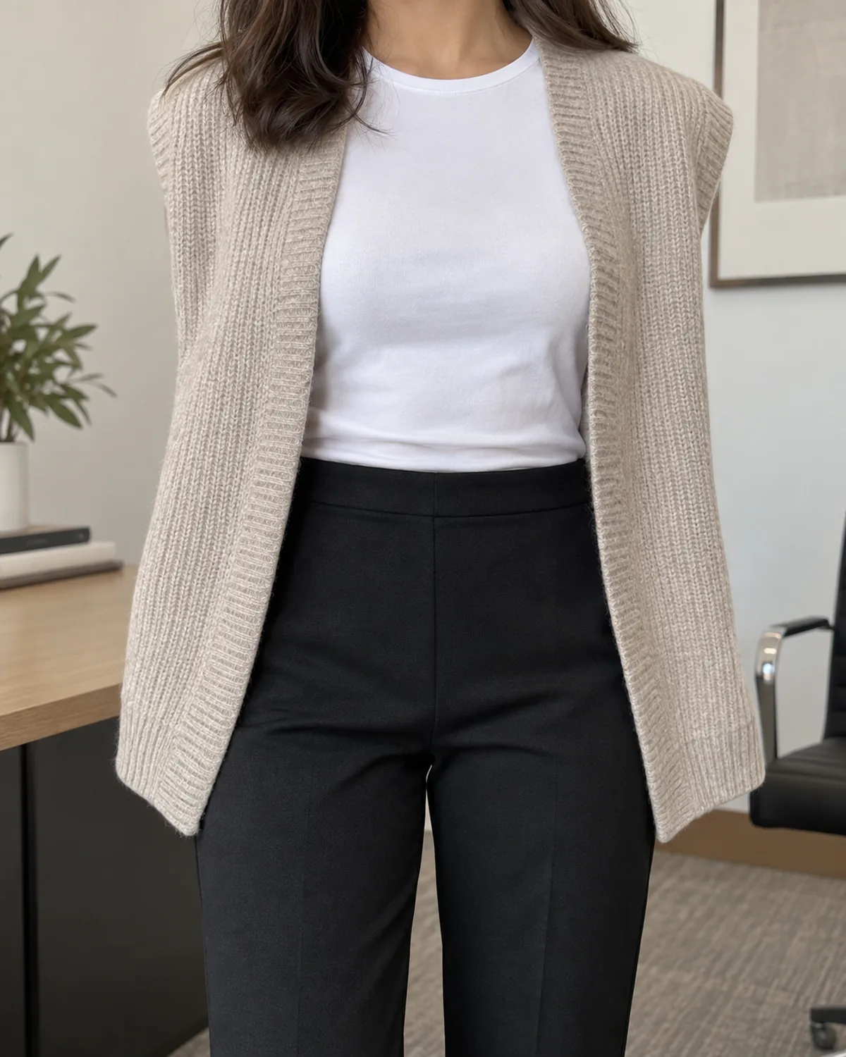 Close-up of a waist area showing black ponte slim trousers with a flat waistband, a fitted white crew-neck tee tucked in, and an oatmeal oversized knit vest draped open on top