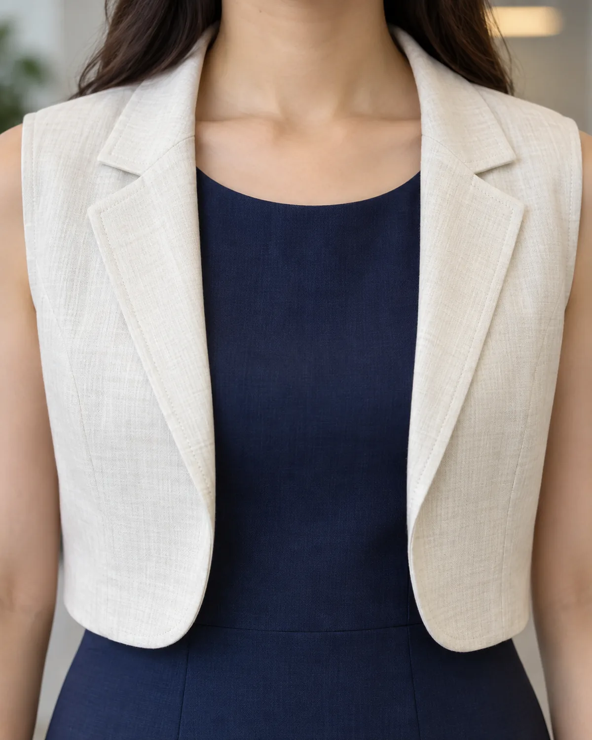 Close crop on the shoulder and collar area showing a sleeveless navy shift dress under a cropped ivory linen jacket with structured lapels